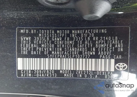 2020 Toyota Corolla Le из США, поврежденный, VIN 5YFEPRAE5LP102727